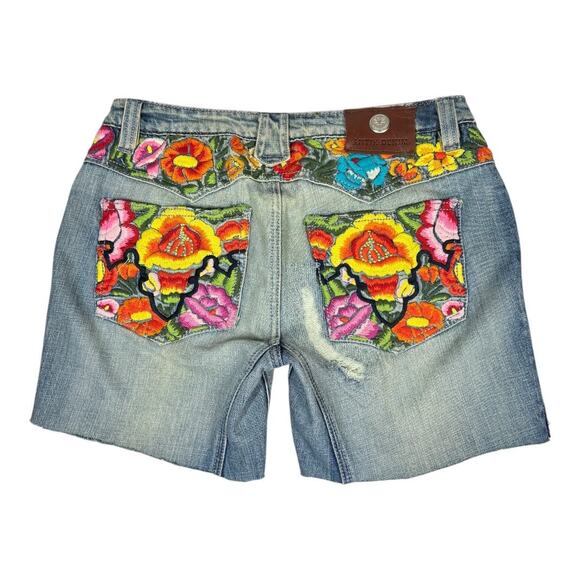 Antik Denim Floral Embroidered Jean Shorts 30 Cutoffs Distressed Boho Hippie - Picture 2 of 8